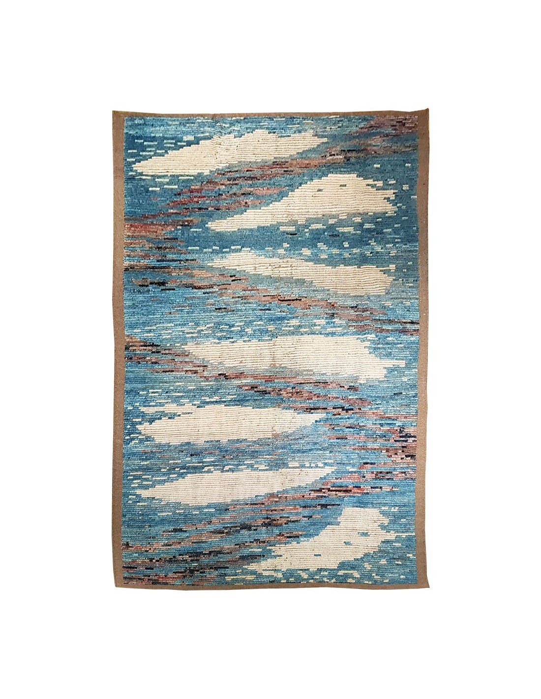 Tapis berbère fait main en laine : tapis marocain abstrait bleu et blanc - France