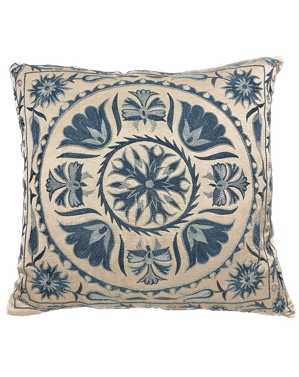 White and blue Suzani cushion
