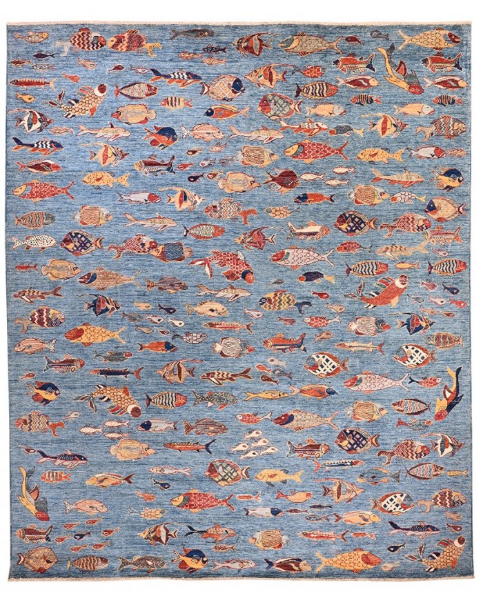 Hand-knotted new rug - Light blue fish