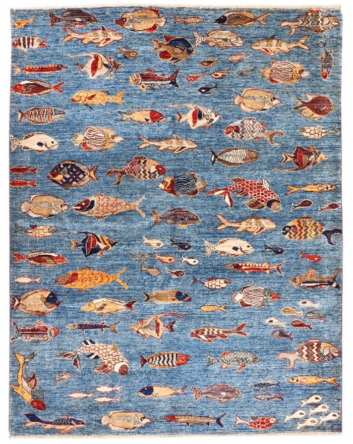 Hand-knotted new rug - Navy blue Fish