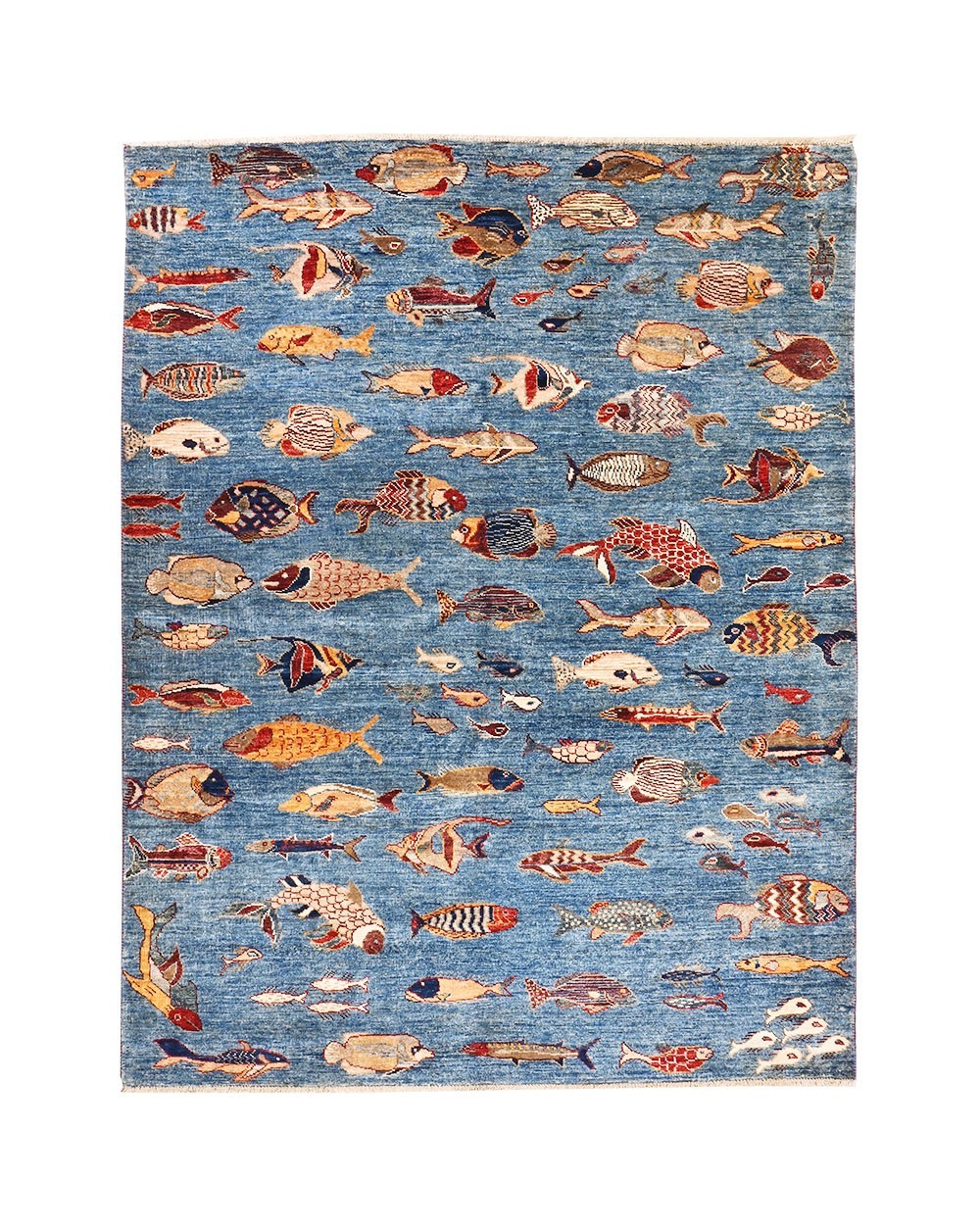 Tapis noué neuf - Poissons bleu marine
